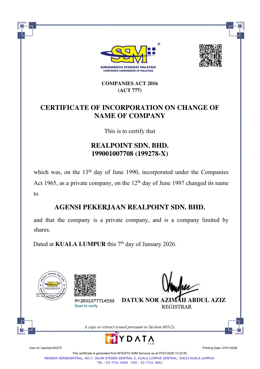 SSM company certificate for RealPoint.